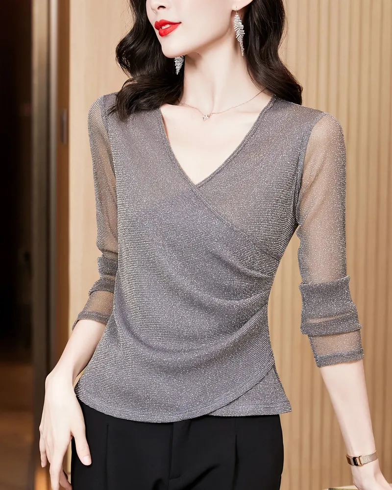 Crossed V-neck Mesh T-shirts Women Slim Full Sleeve Shinning Tshirt Female Folds Elegant Tees Tops