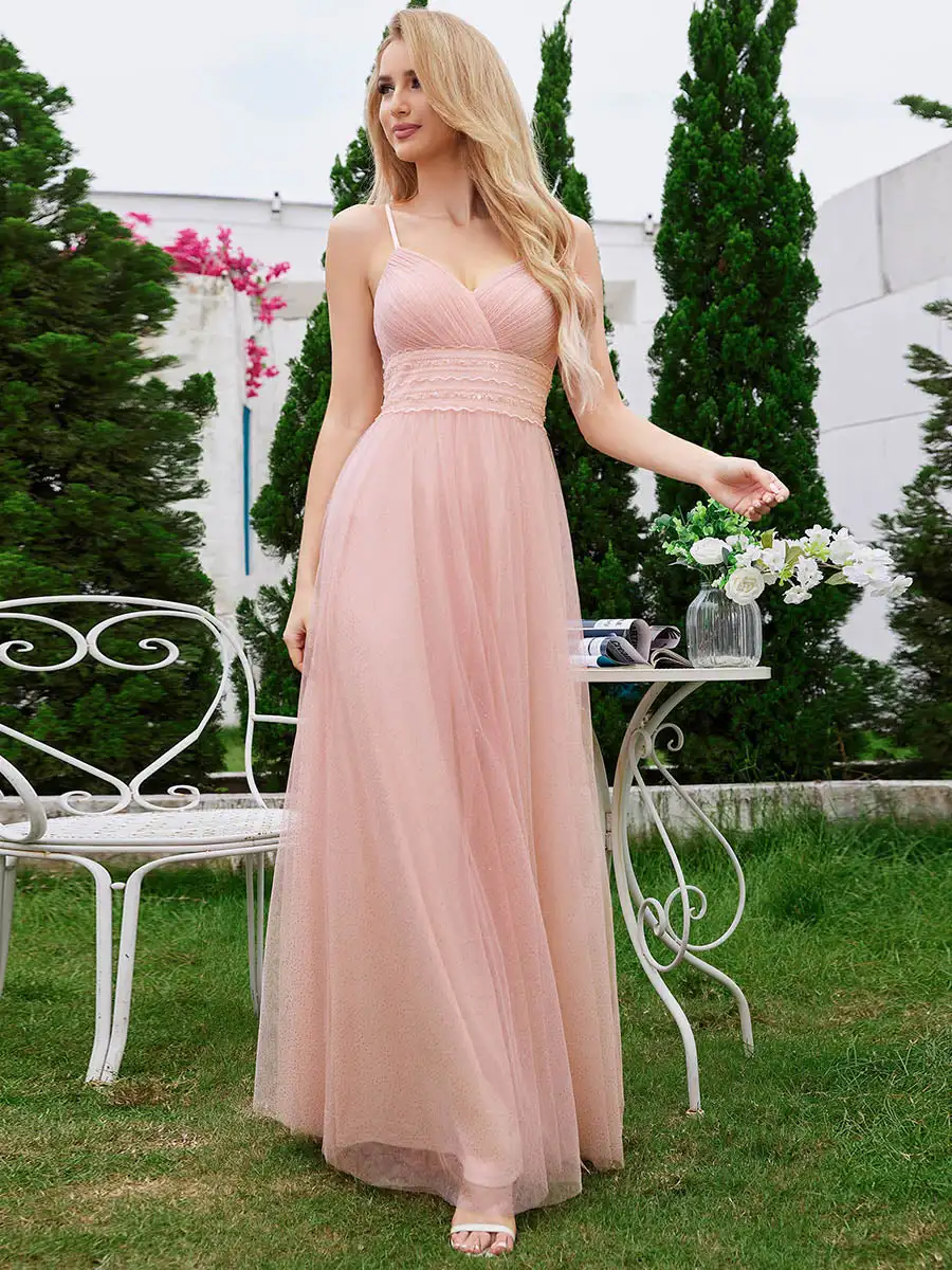 Sempre muito elegante vestido de noite, profunda v-colar, rendas plissadas, cintura pérola, fenda alta, comprimento do chão, vestido de dama de honra, rosa, 2024