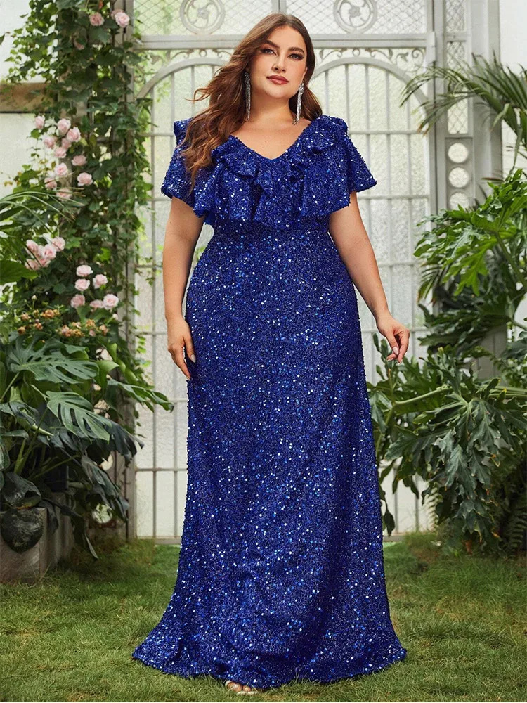 Plus Size Multi-Layered Ruffled V-Neck Sleeveless Floor-Length Evening Gown 4xl5xl Elegant Luxury Bigsize Sequined Evening Gown