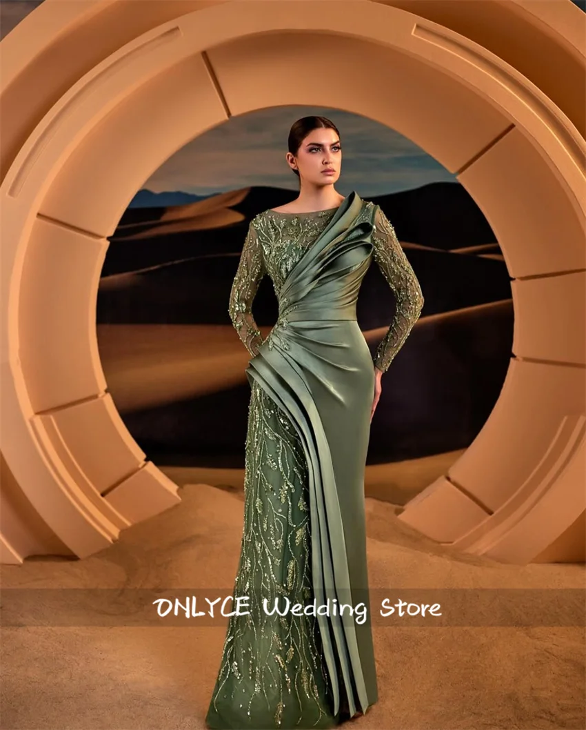 

Glitter Green Beaded Pleats Evening Dresses Vestido Prom Dresses Saudi Arabi Weeding Dress Women فساتين سهرة Customize