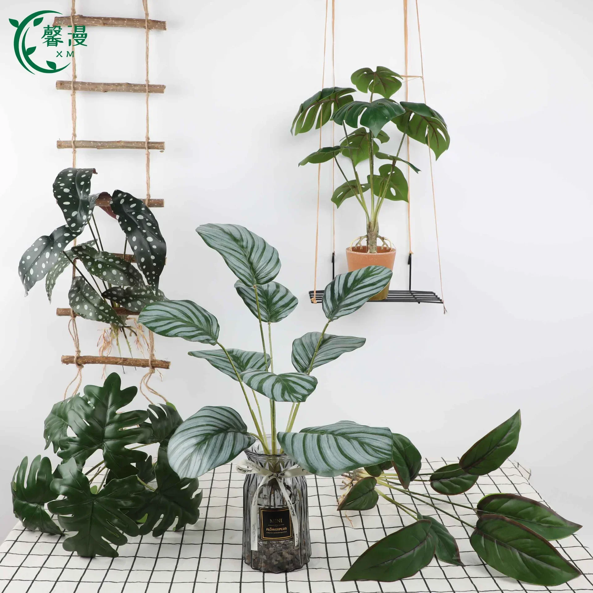 Green Apple Arrowroot Fake Tropical Plants with Root Artificial Flower Plant Home Office Shop Garden Decoration Florero Rose