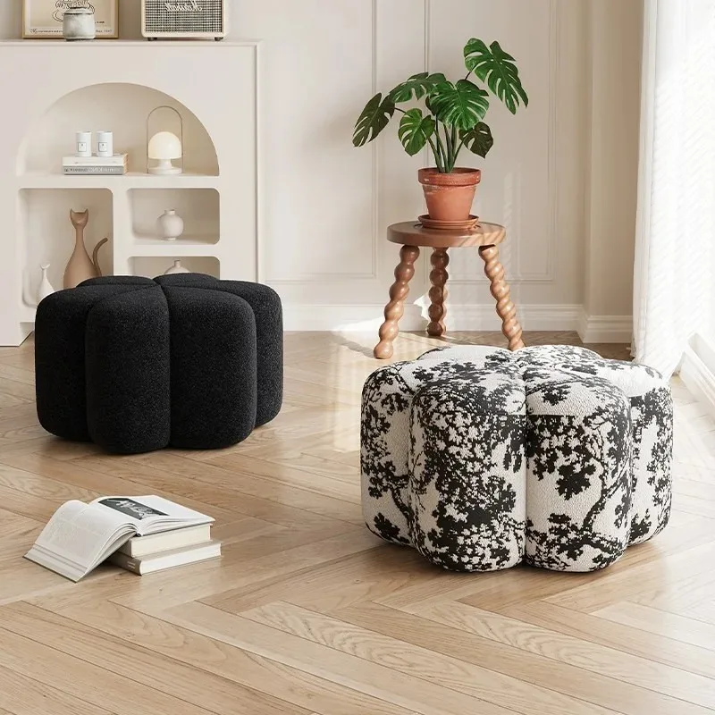 Cream wind sofa stool light luxury petal stool living room shoe stool advanced sense   home door round stool minimalist view 3