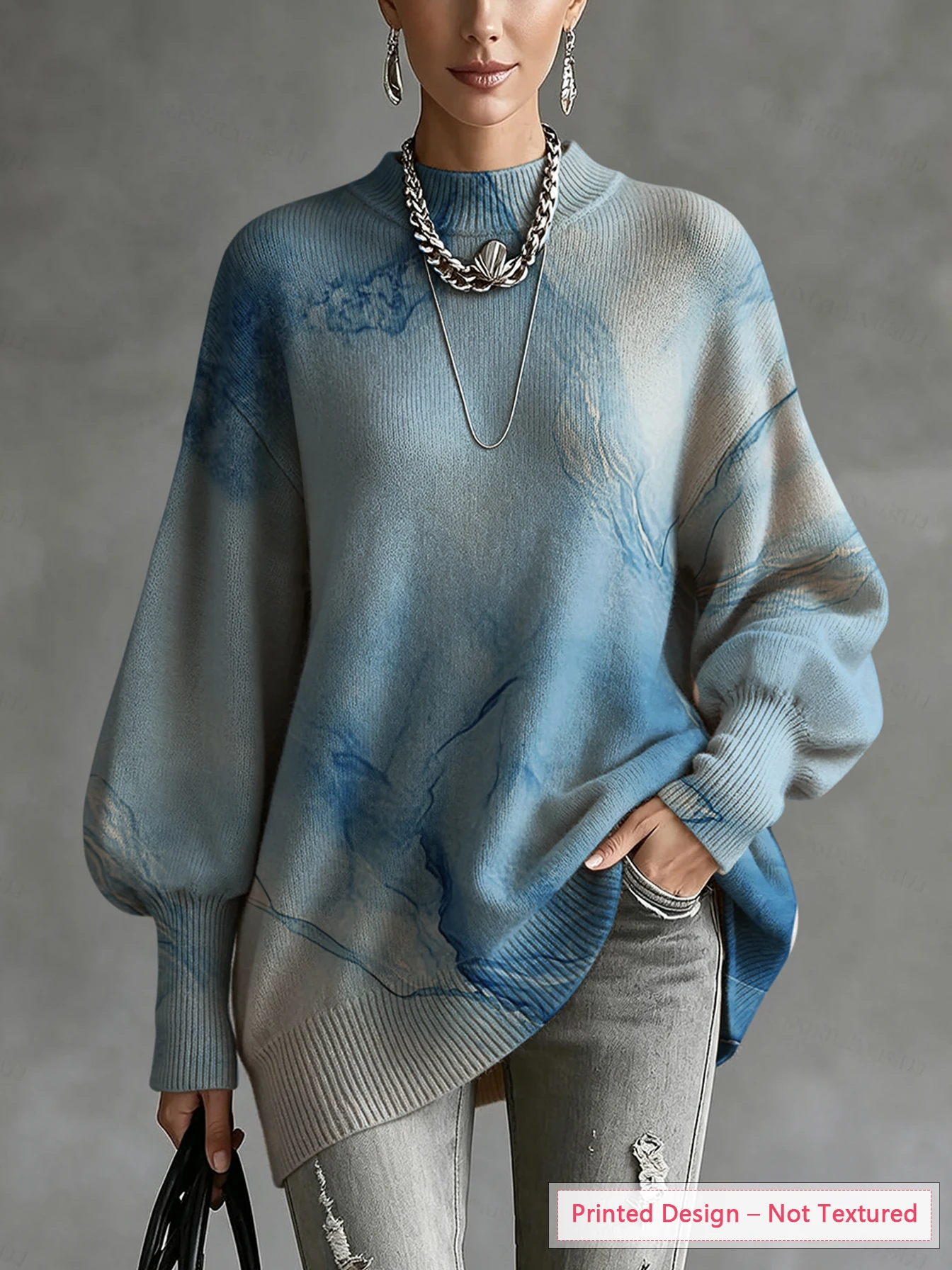 Women's Autumn and Winter Tops, Artistic Tie-Dye Pattern Print, Irregular Hem, Lantern Sleeves, Thin Pullover Sweater