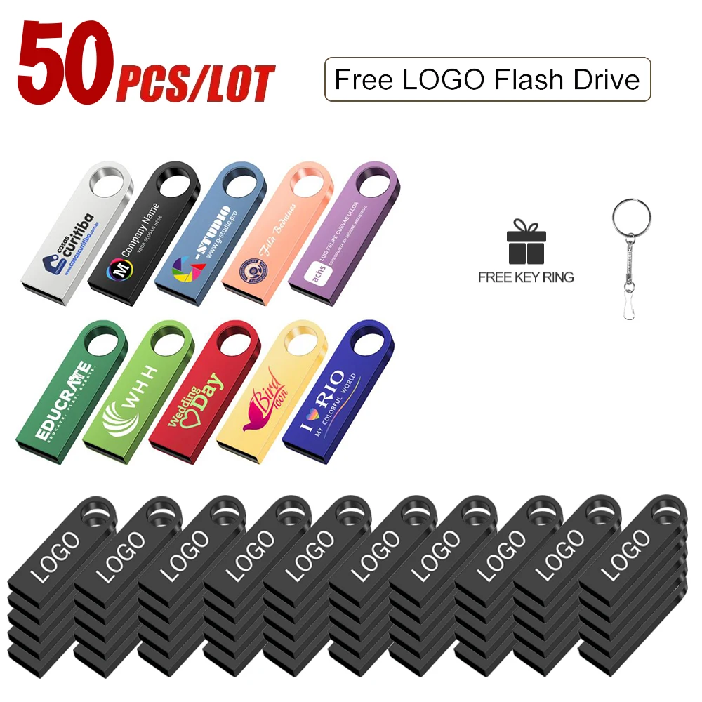 

50PCS/lot Metal USB 2.0 Flash Drives 1GB 2GB 4GB Pendrive 8GB 16GB Pen Drive 32GB 64GB Memory USB Sticks 128MB 256MB Free LOGO