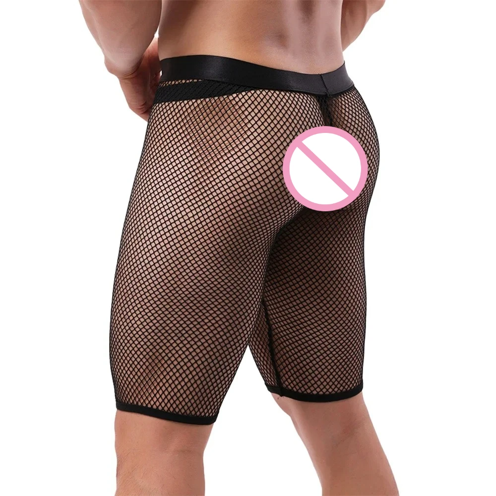 

Men Hollow Out Fishnet Boxer Briefs Shorts with Faux Leather G-Strings Sheer Mesh Underwear Breathable Sexy Male Lingerie Trunks