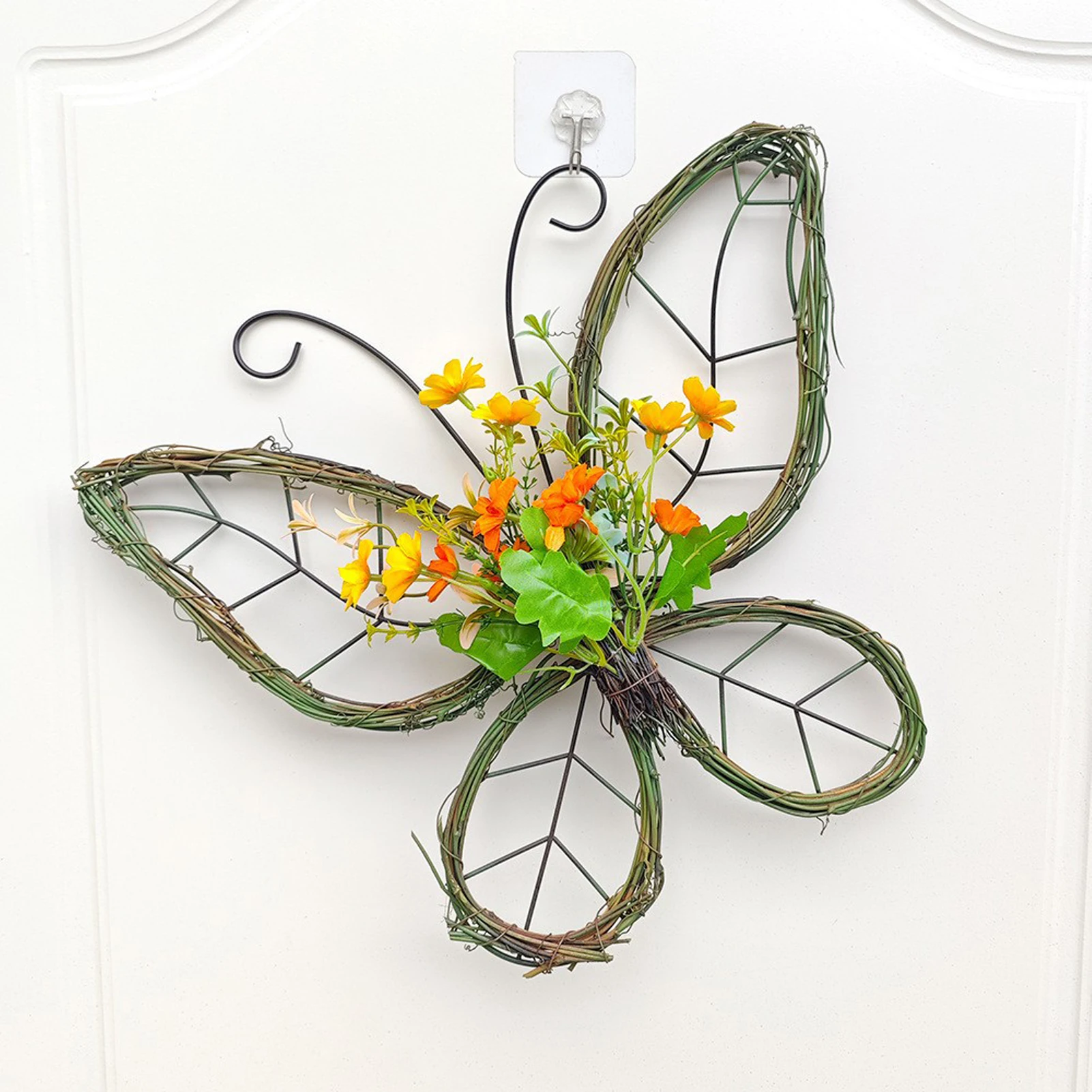 Butterfly Shaped Rattan Wreath, Yellow Orange Artificial Flower and Green Leaves, Hanging Decor for Home Room Wedding, 39x34cm