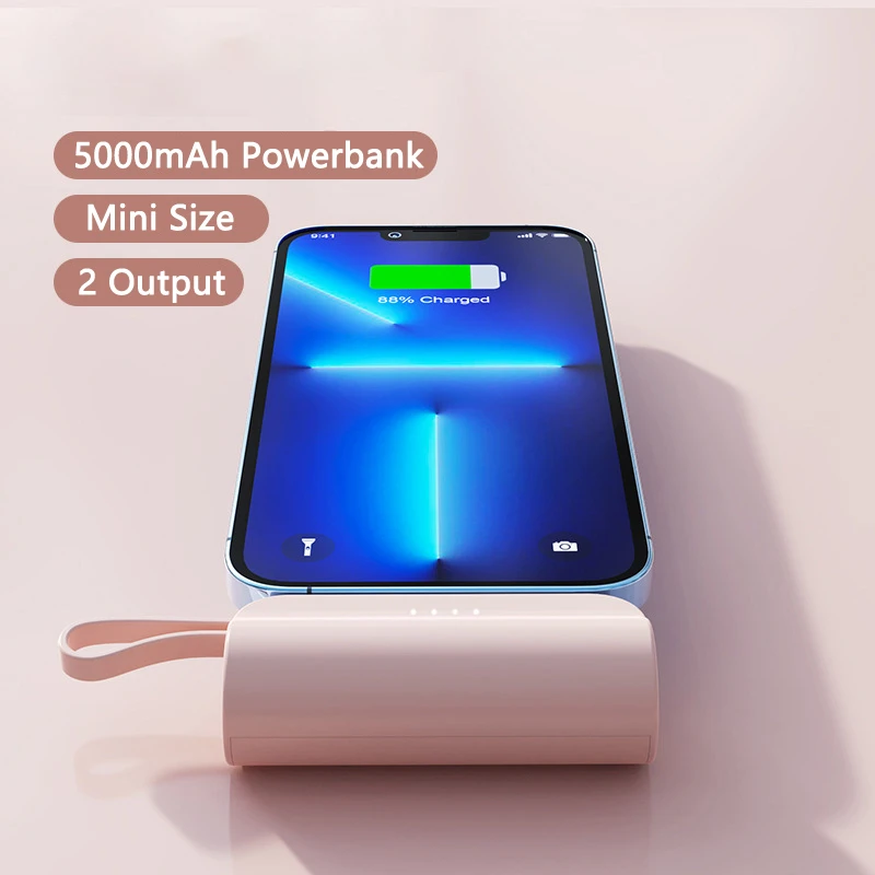 

New Mini Power Bank 5000mAh Portable Charger Built in Cable Traveling External Battery Pack Bateria for IPhone13 14 Huawei P40