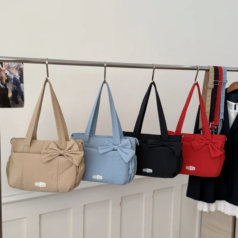 

Легкая сумка для подмышек большой вместимости из нейлоновой ткани, женская сумка-тоут на одно плечо с простым бантом