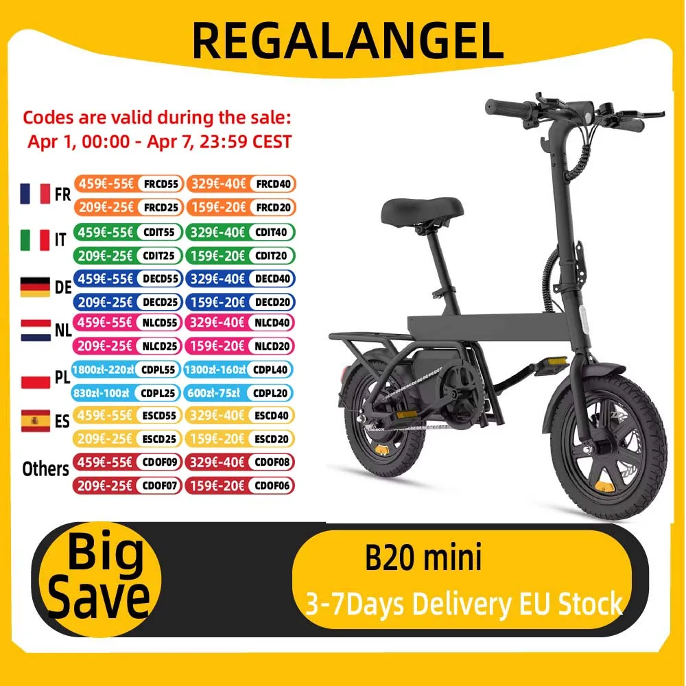 Vélo électrique REGALANGEL B20 mini, moteur 250W, batterie 36V 7.8AH, vélo de ville pour adultes, pneu de 14 pouces, vélo électrique