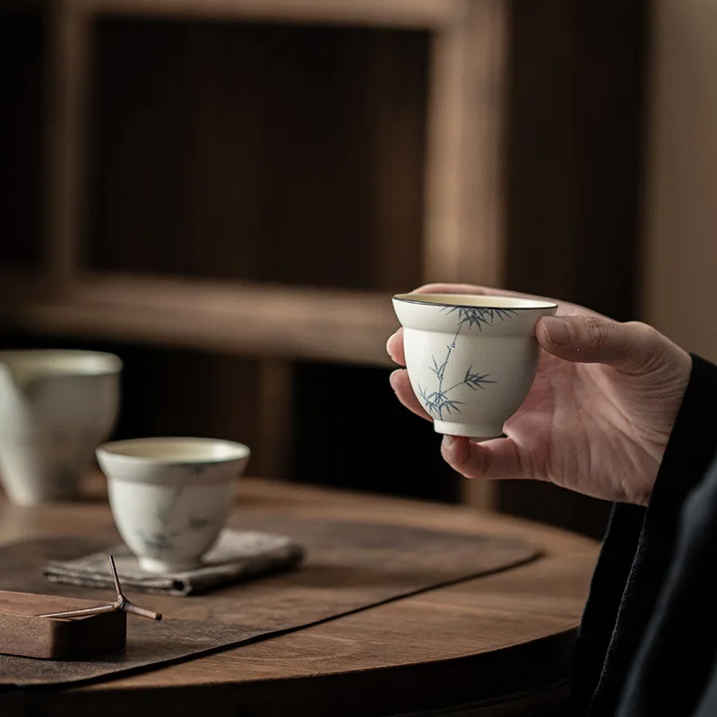 Powder White Hand-painted Bamboo Fuya Cup Gourd Cup Wabi Sabi Wind Ceramic Sample Cup Small Single Cup Master Cup