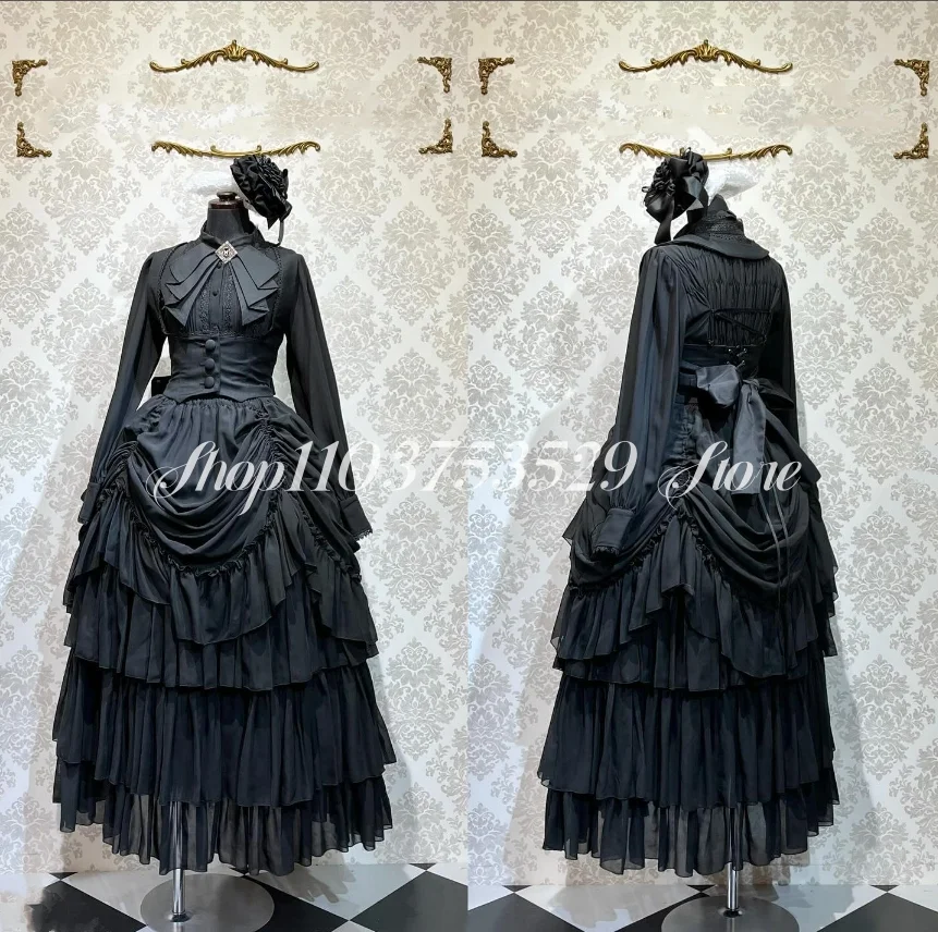 

Vintage Black Gothic Victorian Evening Dress 2025 Elegant Long Sleeve Corset Button Satin Pleated Lolita فساتين سهرة