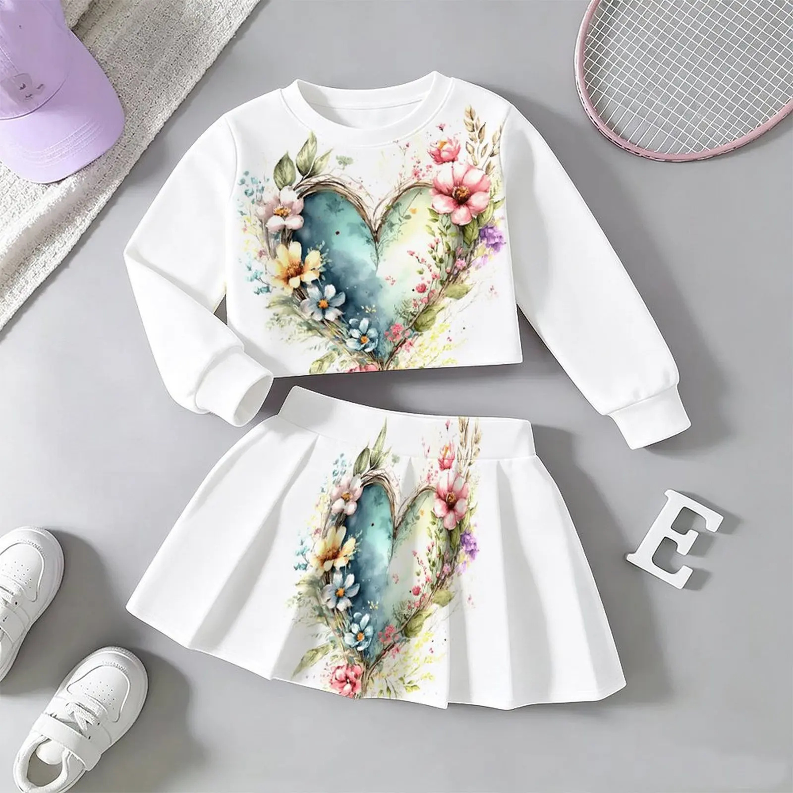 Lovely Kawaii Fairy Style Girls Outfit Long Sleeve Print Top A-line Skirt  Soft Breathable  For Wedding Flower Girl Party