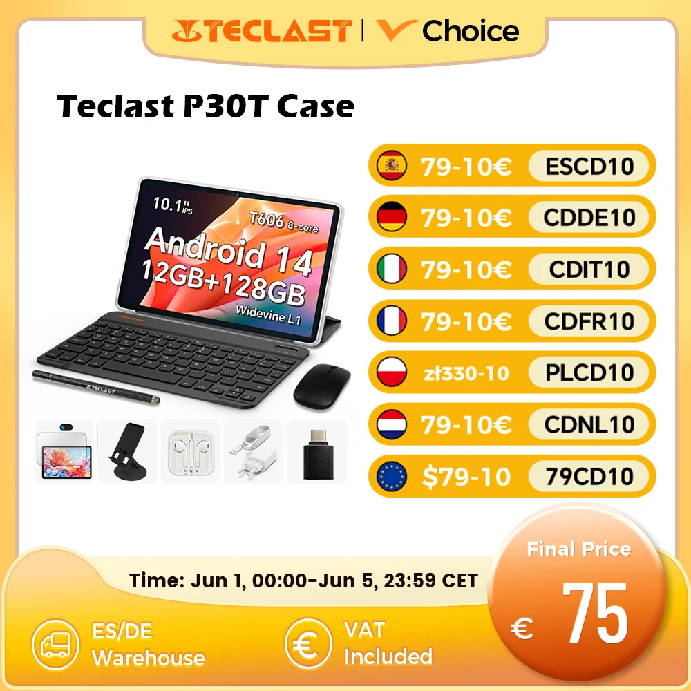 Teclast P30T Set 10,1-Zoll-Tablet Android 14 T606 8-Kern Max. 12 GB RAM 128 GB ROM 6000 mAh