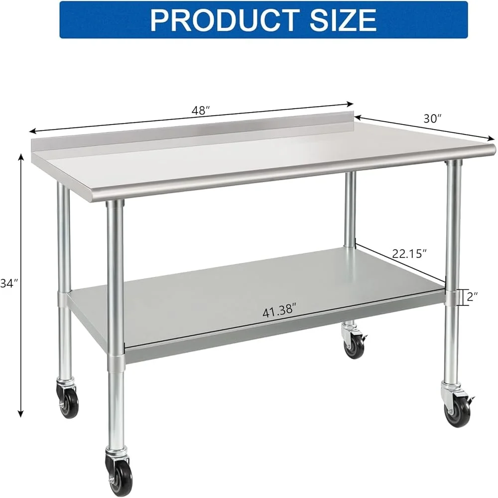 Stainless Steel Prep Table with Wheels NSF Heavy Duty Commercial Kitchen Workbench 2 Inch Backsplash Rolling Caster Table