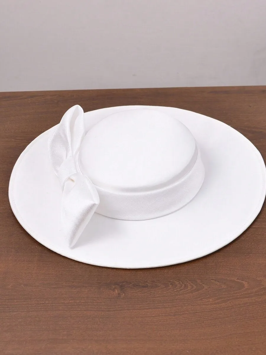

Elegant White Wide Brim Hat With Bowknot For Women Formal Wedding Cocktail Tea Party