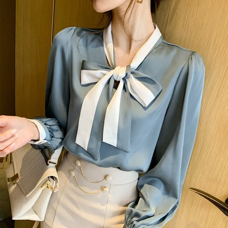 Bow Commuter Shirt Women\'s Clothing Pullovers Sweet Office Lady Straight 2023 Spring New New V-Neck Long Sleeve Blouse Female