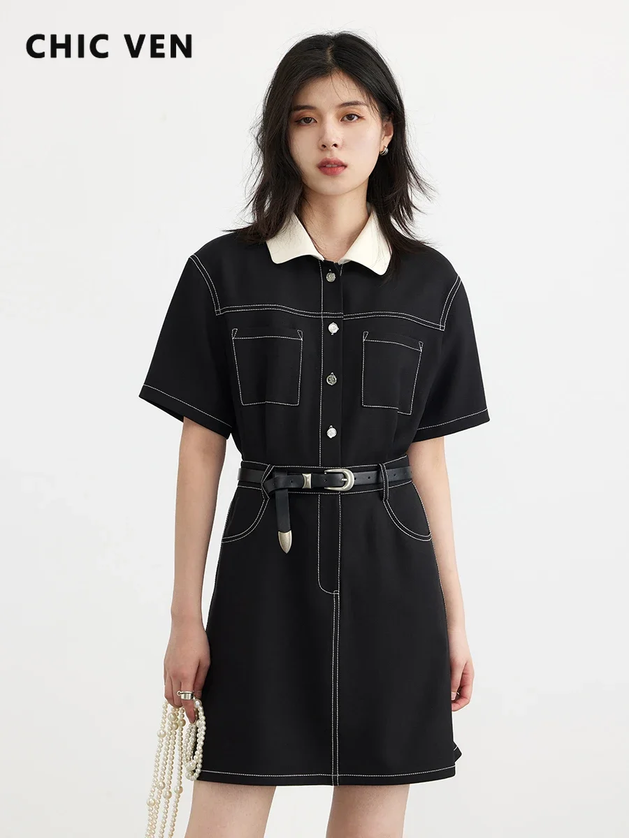 CHIC VEN Fashion Women Dresses A Line Slim Korean Vintage Polo Collar Ladies Dress Female Clothes Spring Summer 2025