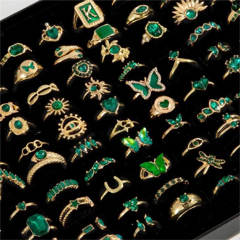 10/20Pieces Fashion Green Rheinstone Rings Set For Women Mix Snake Heart Love Butterfly Spakling Jewelry Party Gifts