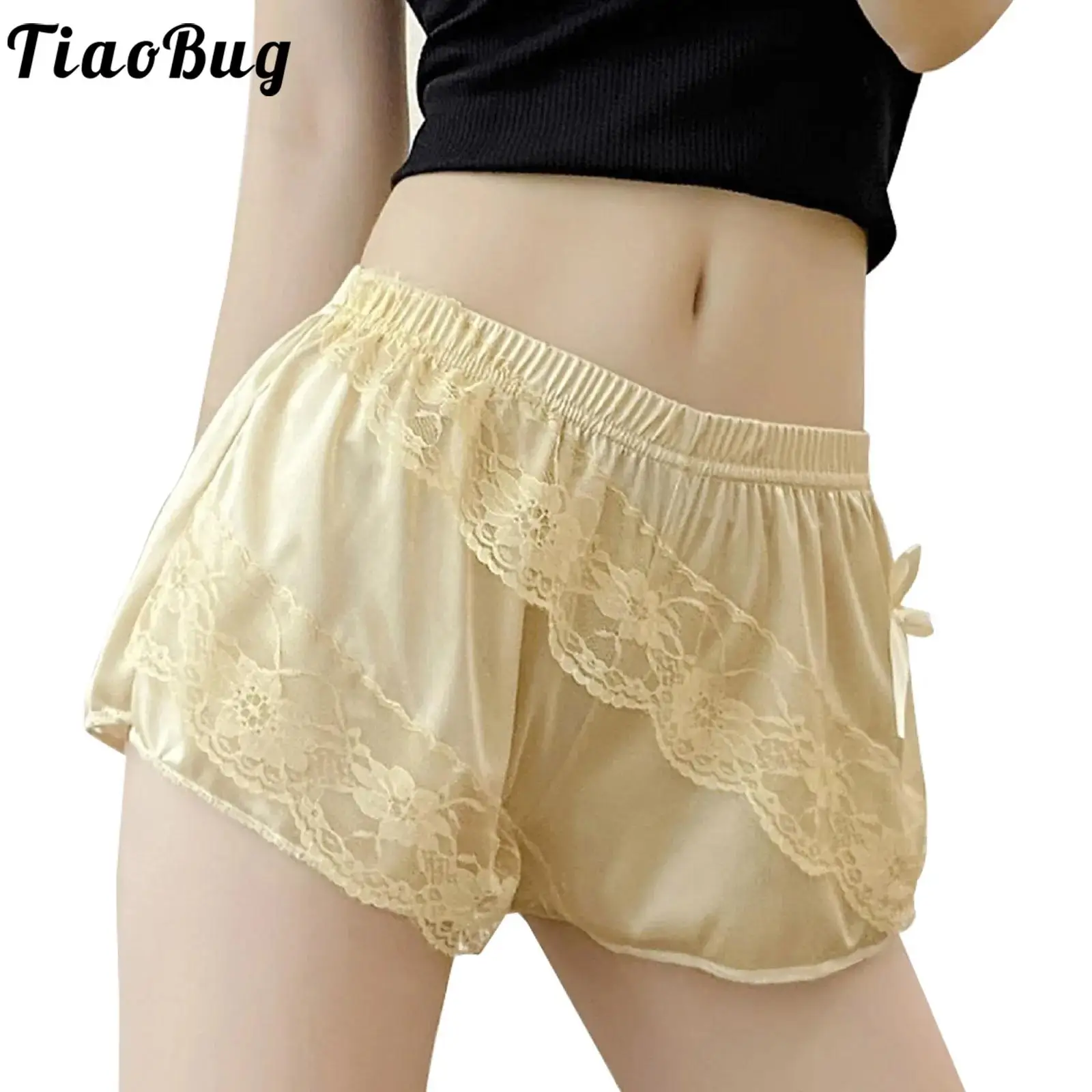 Womens Floral Lace Trim Satin Shorts Bowknot Elastic Waistband Panties Undershorts Role Play Theme Party Costume Accessories