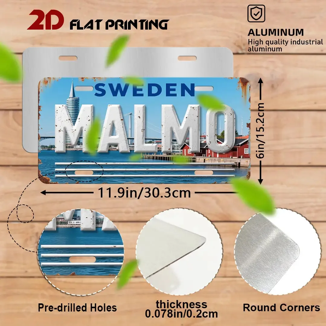 2D Flat, 1pc Sweden Malmo Metal Wall Art Sign- Old City Scene Decoration, Malmo City Scene Design, 6