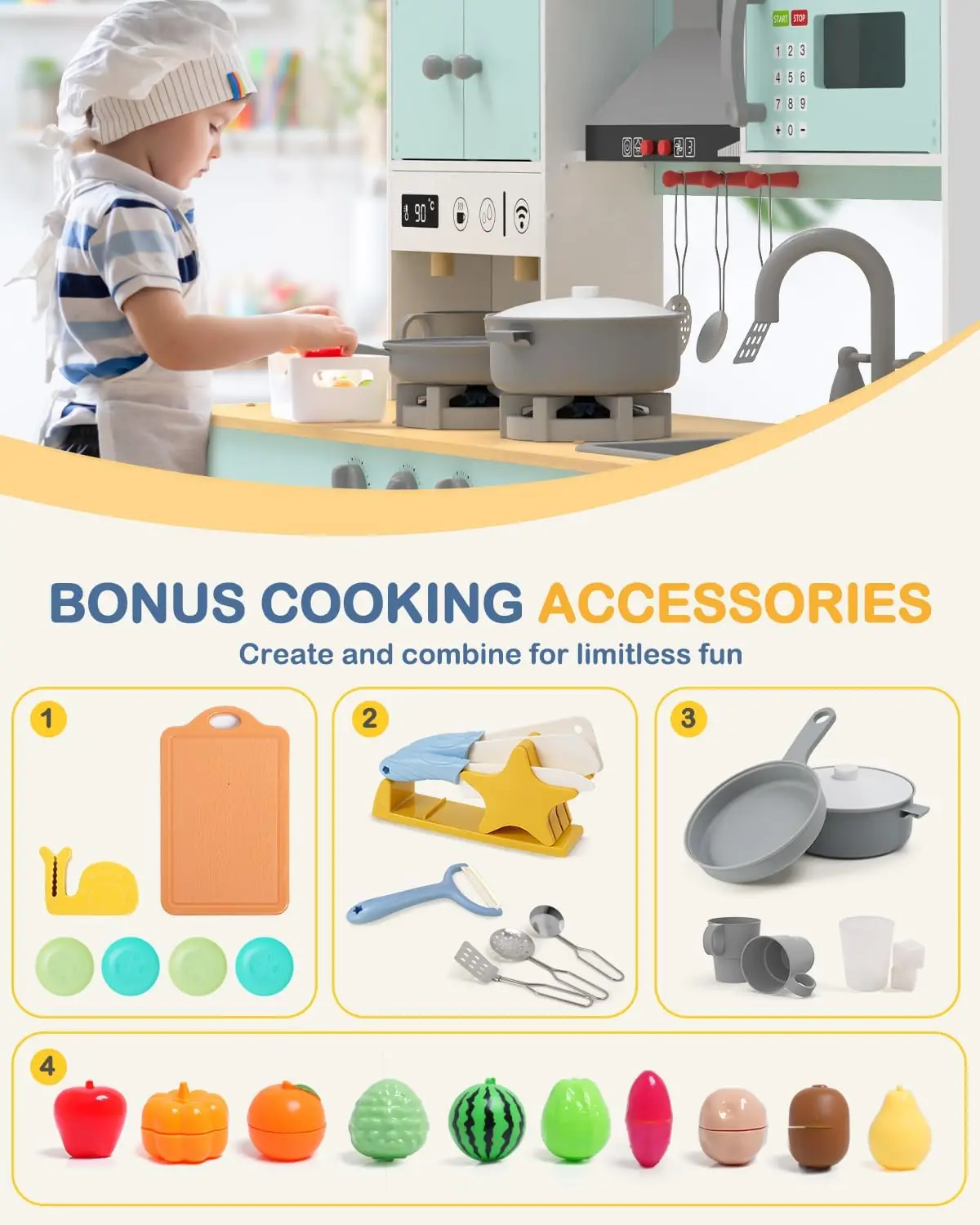 나무 놀이 주방 세트, 조명 및 소리 포함, 3 세 이상 어린이용 놀이 주방, 스토브, 오븐, 전자 레인지, 커피 M 포함