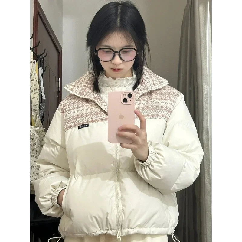 Korean Style Retro Sweet Style Vertical Collar Stitching Coat Women's Winter 2024 New Loose Thickened Warm Cotton Jacket