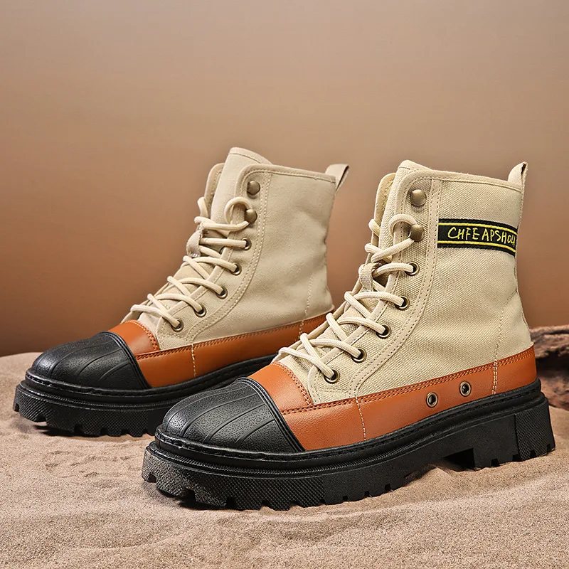 

Fashion Shell Head Men Motorcycle Boot Khaki Canvas Men's Boots Platform High Top Working Shoes Man Ankle Boots botas masculino