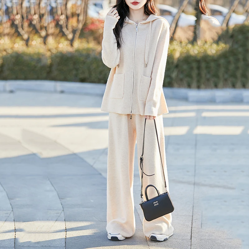 الخريف والشتاء جديد المرأة 100% الصوف الخالص دعوى مقنعين سترة فضفاضة قطعتين حجم كبير محبوك بنطلون