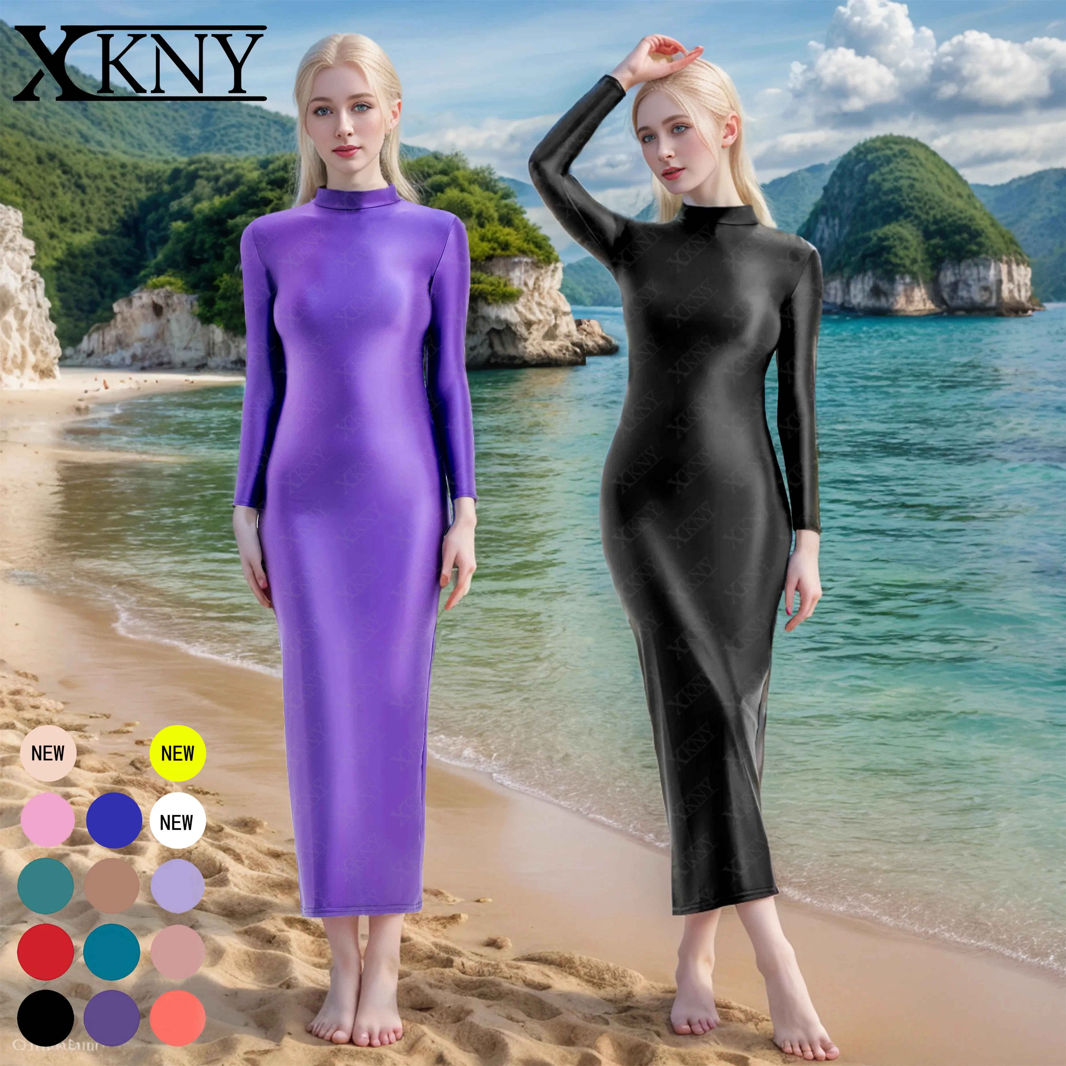 

XCKNY glossiness series long dress elastic slip glossy tight skirt high neck long sleeve longuette smooth casual skirt