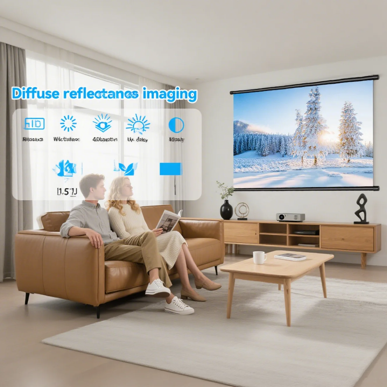 شاشة عرض XIAOHUI مقاس 60 بوصة 16:9، مثبتة على الحائط خالية من الفتحات، منزلية مضادة للوهج