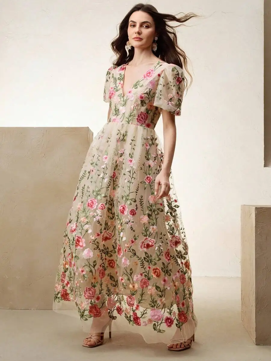

Sheer Tulle A-Line Midi Dress With V-Neck, Puffed Sleeves, And Abundant 3D Rose & Vine Embroidery For Summer, Valentine’s Day