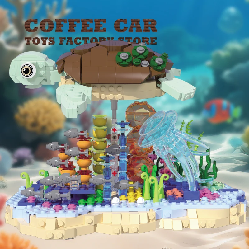 Kit di blocchi di costruzione della vita marina fai-da-te Tartaruga marina Figura MOC Mattoni Scena subacquea Modello Animale dell'oceano Decorazioni divertenti Regali di compleanno