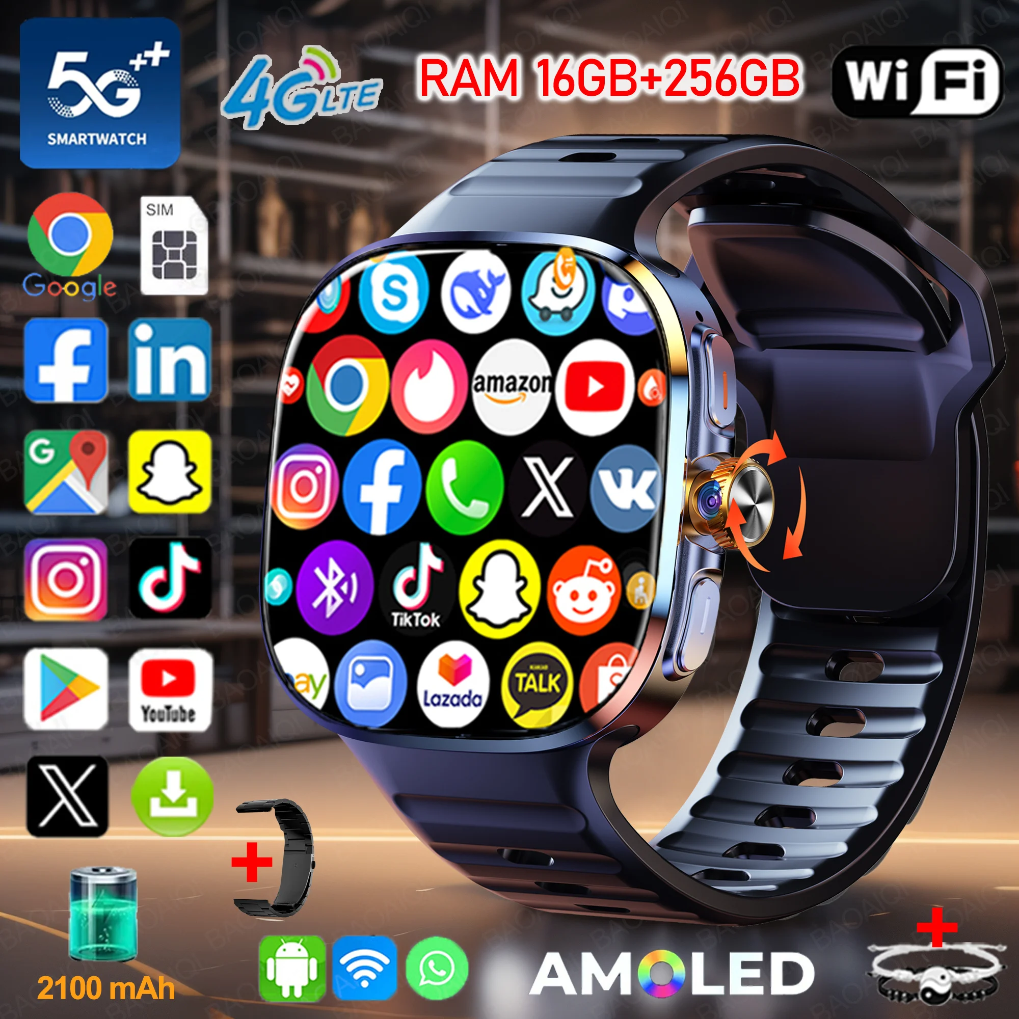 

New Large Screen Smartwatch 4G/5G SIM Card Android 10.0 AMOLED 2.4 inch 900W Pull-out Swivel Camera smart watches 16GB+256GB RAM