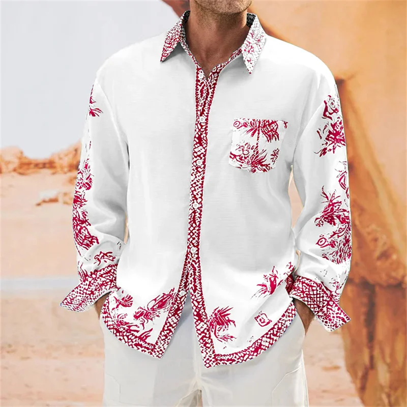 Camisa de manga larga con estampado 3D para hombre, camisa holgada y cómoda de lujo, ligera, de talla grande, clásica, a la moda, 2024