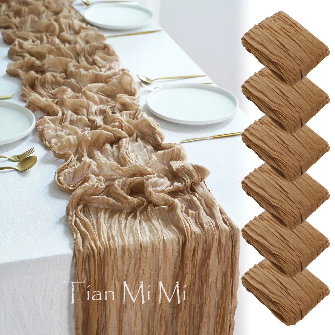 6PCS Pleated Table Runner Cloth Semi-Sheer Gauze Vintage Cheesecloth Table Dining Wedding and Party Table Settings Decoration