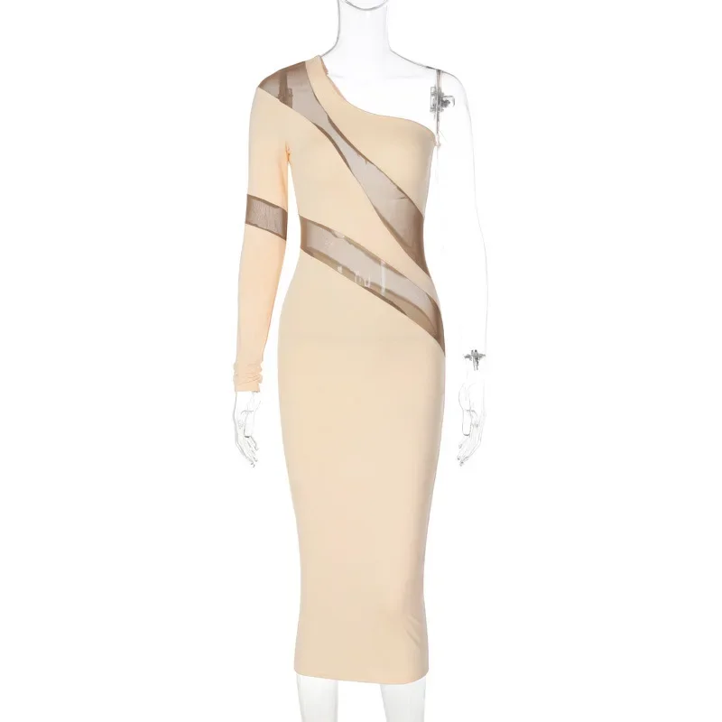 Een schouder mesh pure midi-jurk voor dames party club elegante jurken herfst mode-jurk