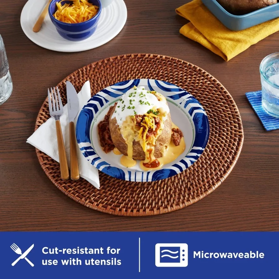 round 8.5‑inch disposable paper plates with delicate floral pattern, 30 counts per pack. Microwave‑safe design, leak‑resistant and cut‑resistant sturdy construction. Great for daily meals, gatherings and casual parties with convenient quick cleanup.