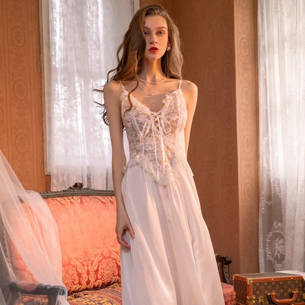 ice silk light luxury long skirt sleepwear women lace bow suspender chest cushion nightgown pure desire outerwear home clothes