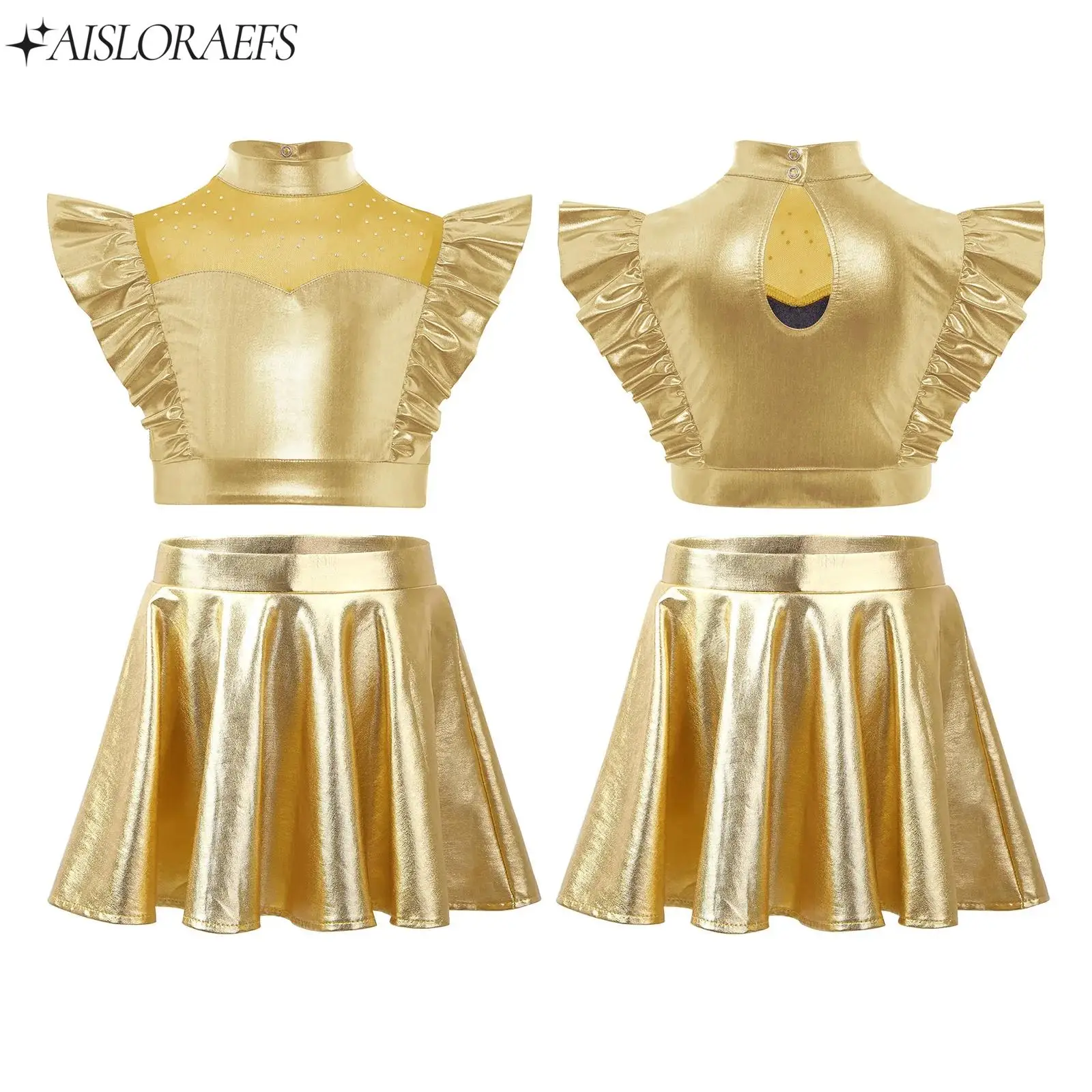 

Комплекты для джазовых танцев для девочек-подростков: укороченный топ без рукавов с воротником-стойкой, стразами и сеткой, и юбка для выступлений на сцене и вечеринок