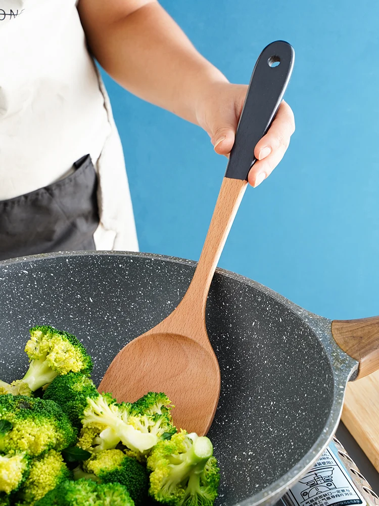 Spatula Pohon Alami Rumah Tangga Antilengket, Spatula Tahan Suhu Tinggi, Sekop Kayu Pegangan Panjang