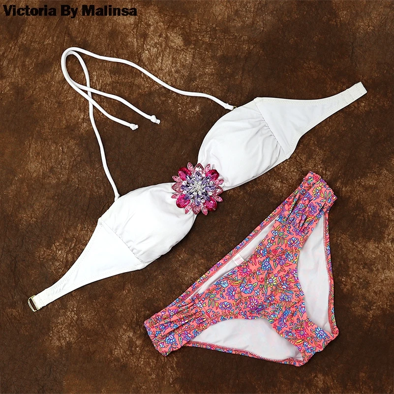 Women pink Crystal Diamond Bikini Set White Top Secret Swimsuit Summer Biquini Cheeky Bottom brazilian Bathing Suit Swimwear