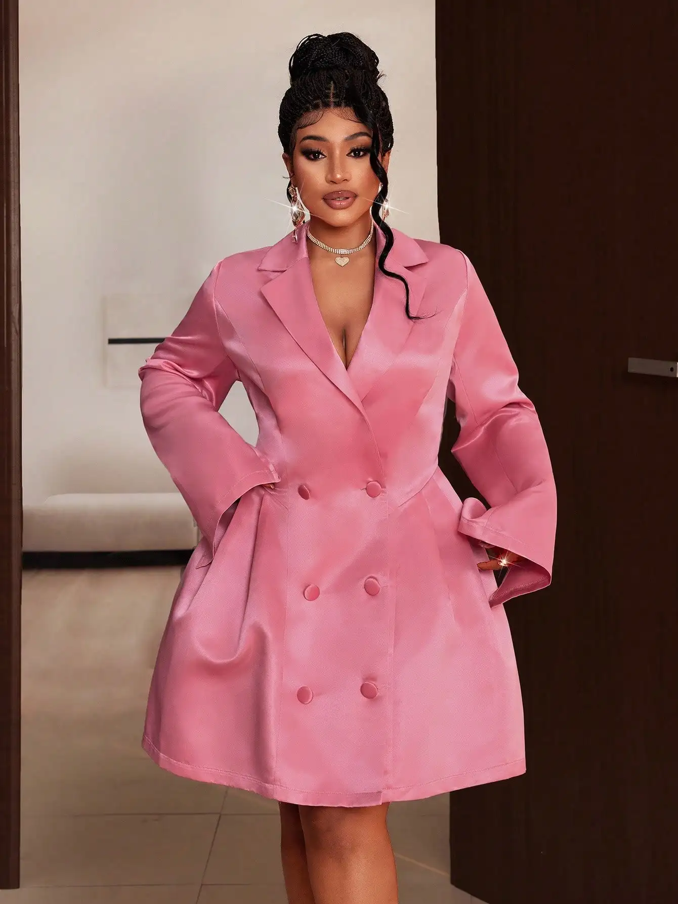 

Plus Size Women Solid Double Breasted Satin Blazer Dress For Valentine's Day