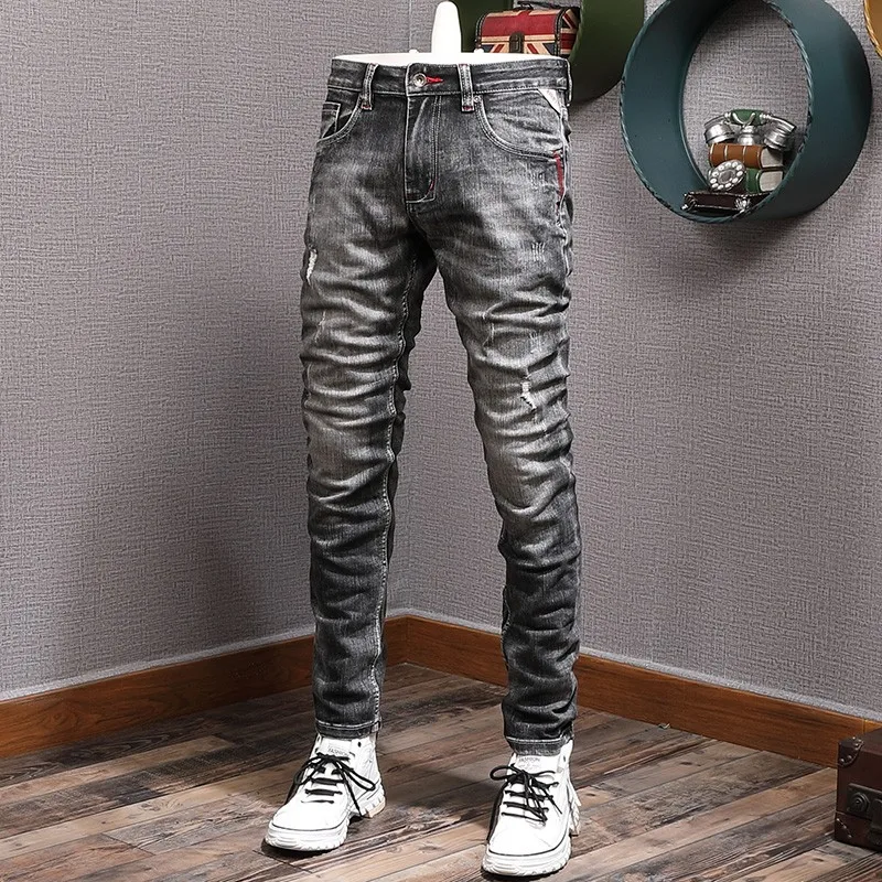 Fashion Vintage Men Jeans Retro Blue Plain Washed Elastic Slim Ripped Jeans Men Trousers Embroidery Designer Denim Pants Hombre