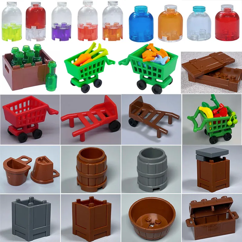 MOC برميل خشبي الكنز الصدر اللبنات عربة التسوق الخضروات عربة المزارع أداة سلسلة تجميعها لغز لعبة الطوب S05