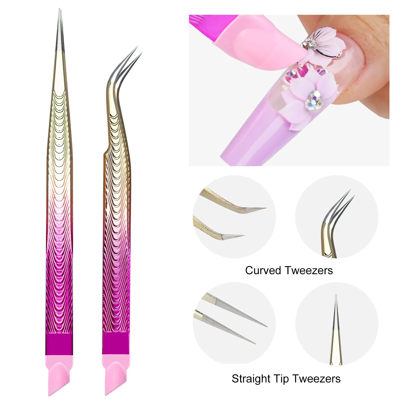 Double Ended Nail Art Tweezers Stainless Steel Tweezer with Silicone Pressing Head for Nail Stickers Rhinestone Jewel Gem Picker