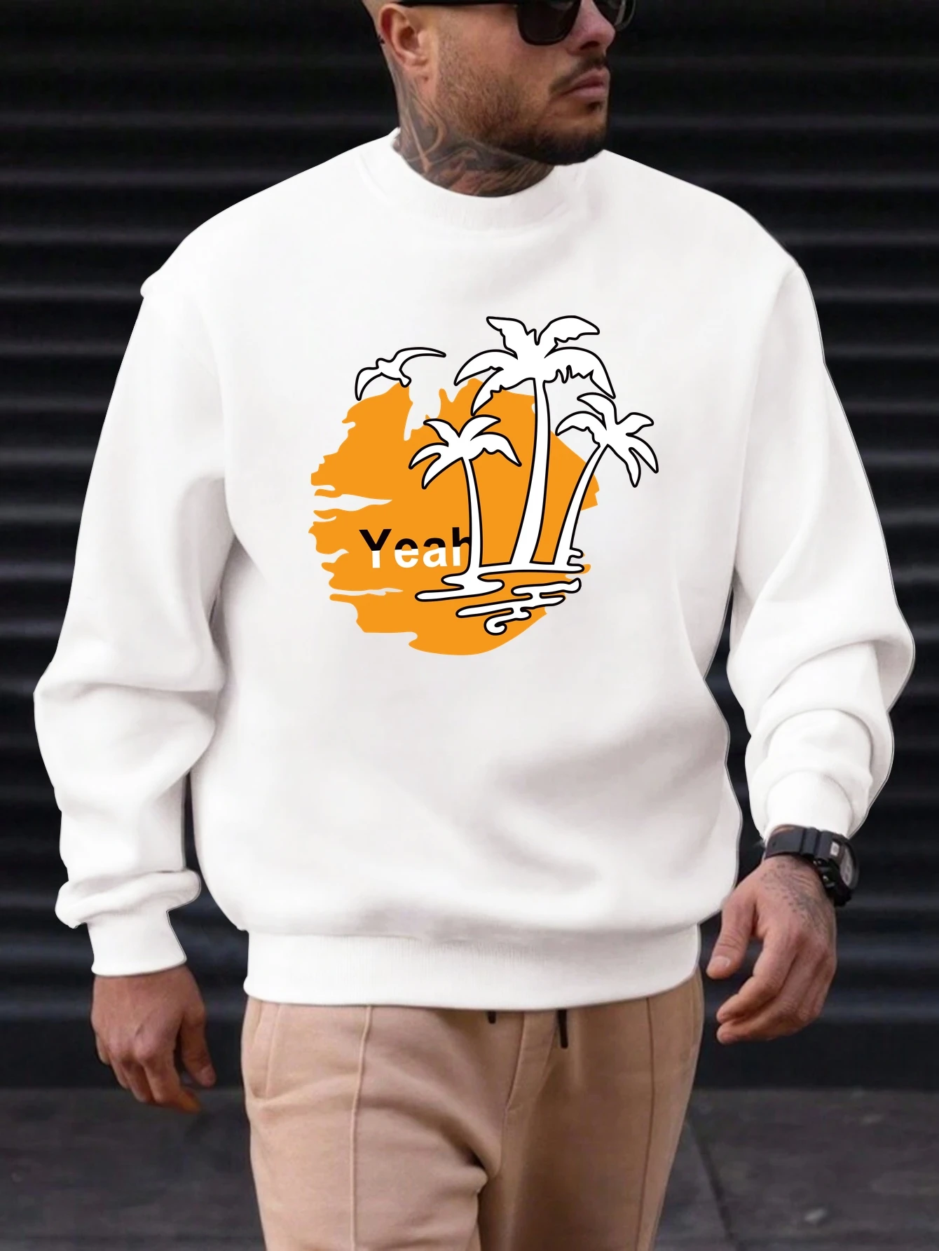 

2025 New Sweatshirt For Men's Coconut Tree Sun Pattern Printing Cotton Round Neck Fashion Casual High Quality Daily Top Clothing