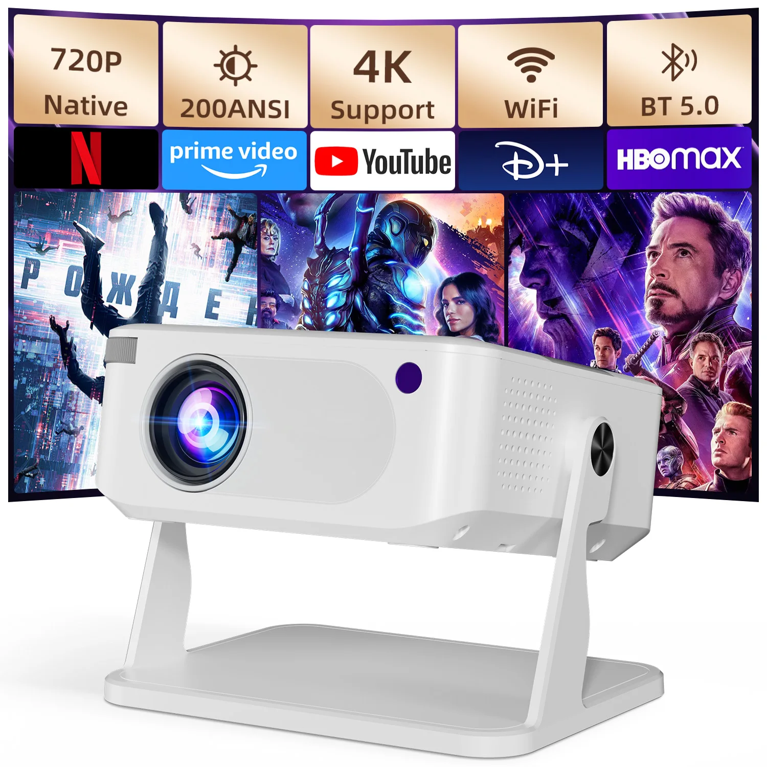 Mini Proyector Portátil HA109, 720P Nativo, 200ANSI, Decodificación 4K, WiFi6, Bluetooth 5.0, Android 11, 360 ° Soporte Giratorio para