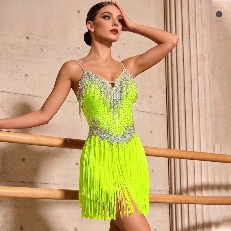 Professionelles Latein-Tanzkleid für Erwachsene und Kinder Hochwertig Maßgefertigtes Diamant-Streifen-Quasten-Tango-Samba-AB-Stein-Performancekleid