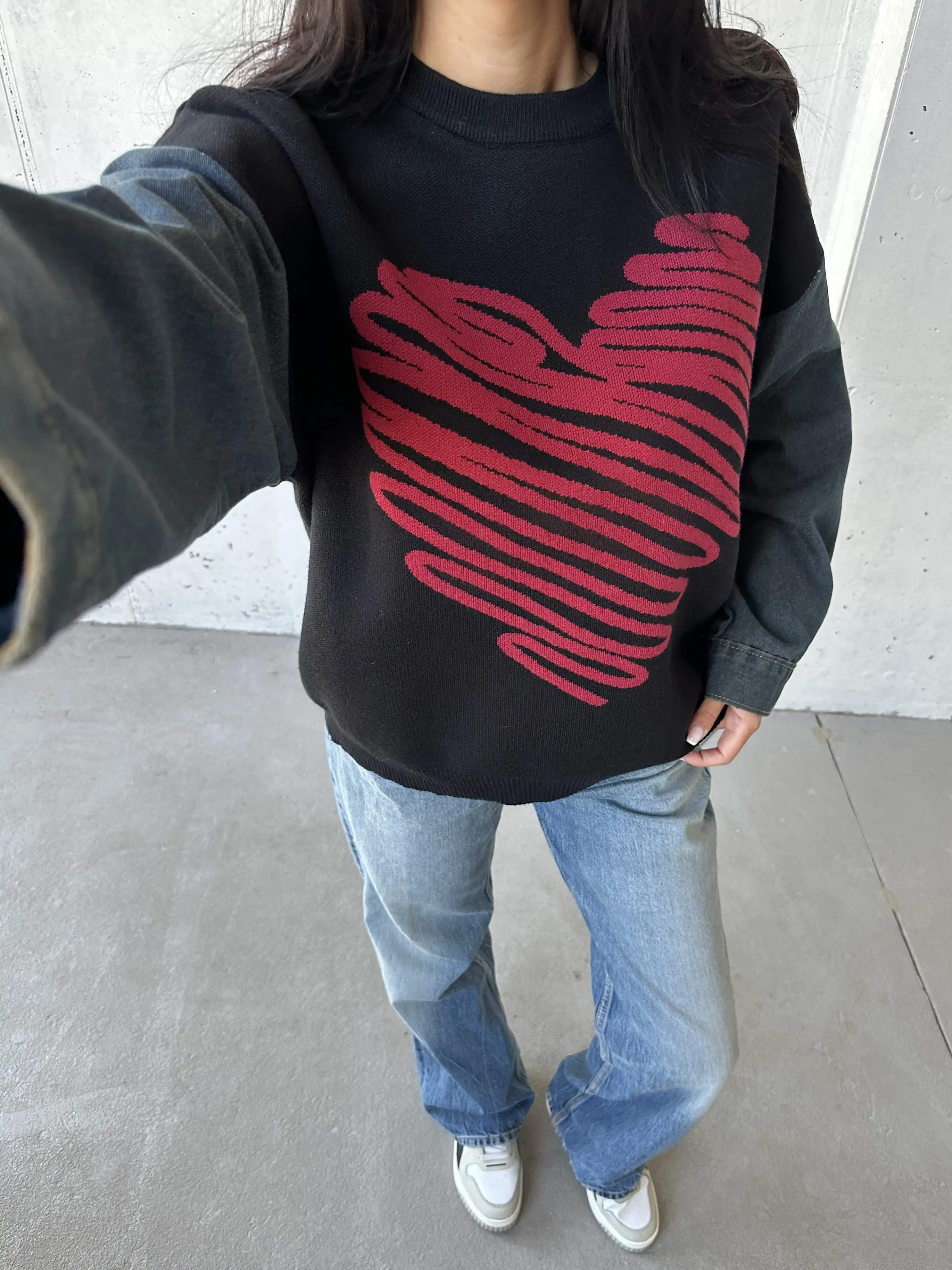 

Y2k Hear свитер топы с демин рукавами зимний толстый пуловер