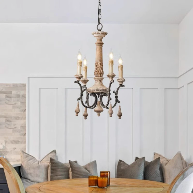 French retro chandelier bedroom dining room light American medieval solid wood carving homestay candle light